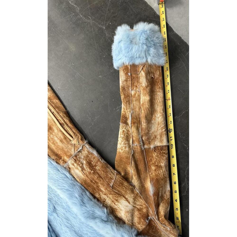 Vintage Long Rabbit Fur Trimmed Coat with Blue Accents - Size small to medium - Picture 7 of 8